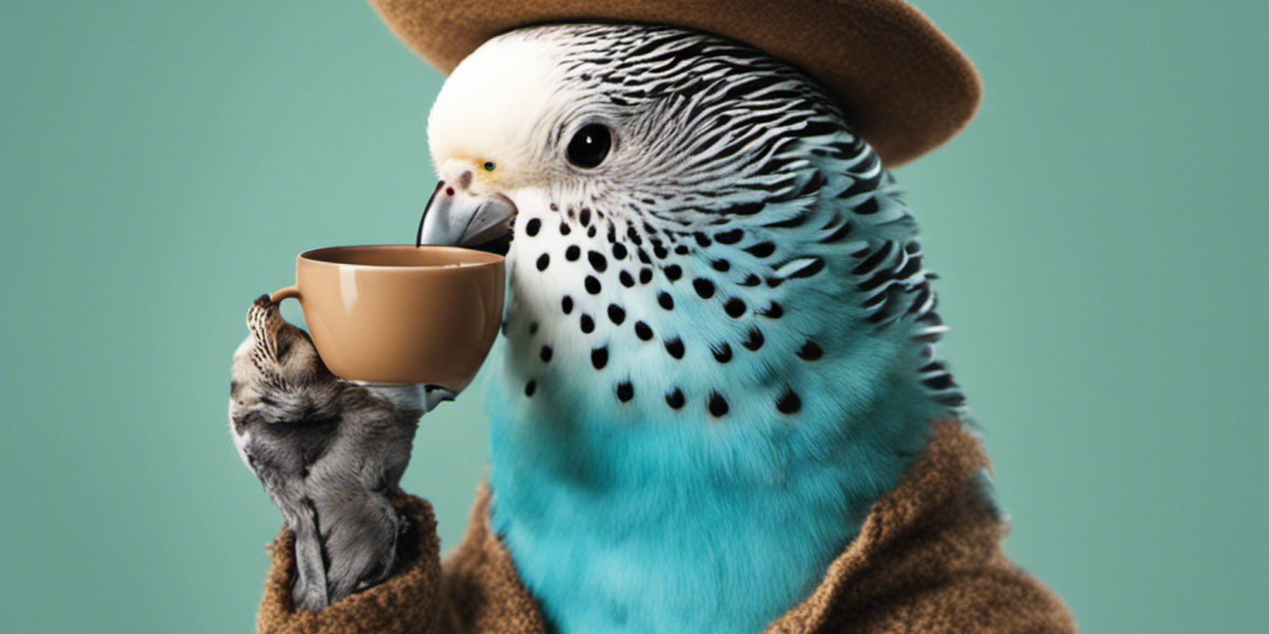 a budgerigar drinking cofee with a hipster wool hat