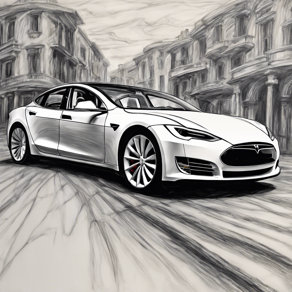 A sleek white car is showcased in an artistic sketch style, set against a backdrop of blurred, classical architecture.