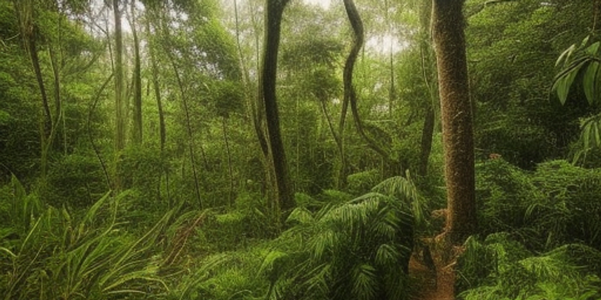 composition a wide angle shot of a dense jungle in 1900 with a winding path leading the eye to the focal point camera angle low angle looking up at the trees and foliage style naturalistic with a hint of mystery focal point a large ancient tree in the center of the frame with a hint of a hidden temple in the background detail the details of the foliage the texture of the tree bark and the intricate patterns of the temple color palette earthy tones with a hint of green and blue brand canon lighting natural light with a hint of backlighting to create a sense of mystery location a dense jungle in south america time of day early morning with the sun just beginning to rise
