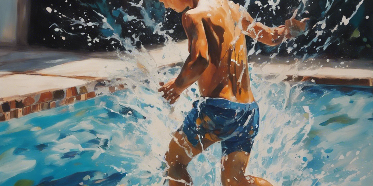 paint in acrilic a splash of a boy with the full body under the water with the splash around for the impact the point of view is looking from over the pool