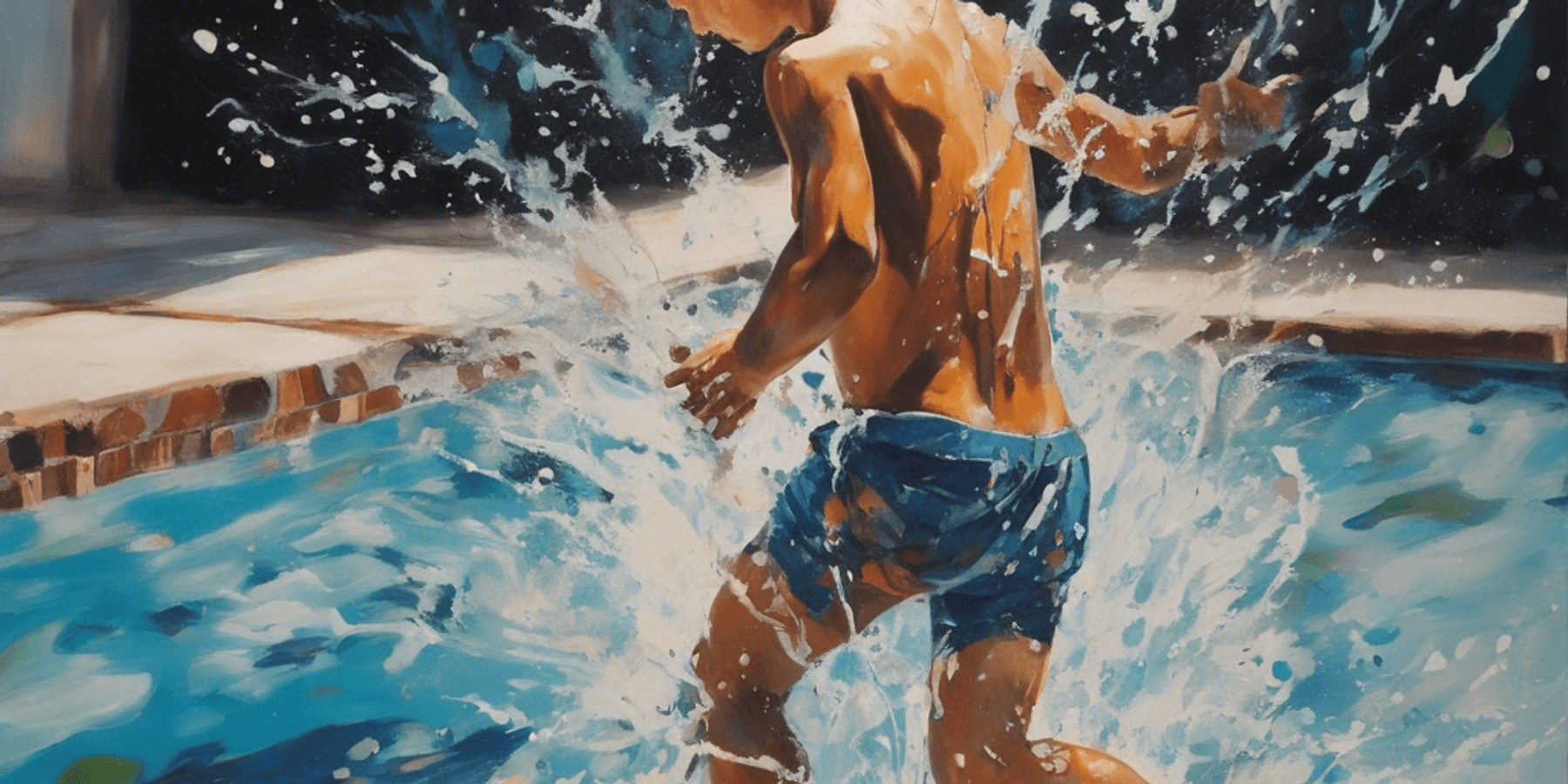 paint in acrilic a splash of a boy with the full body under the water with the splash around for the impact the point of view is looking from over the pool